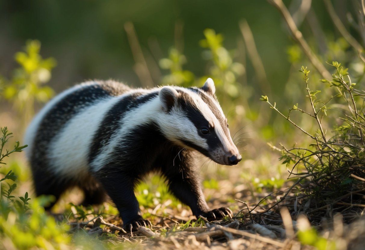 A badger emerges from the underbrush, its sleek fur catching the sunlight as it sniffs the air with its pointed nose
