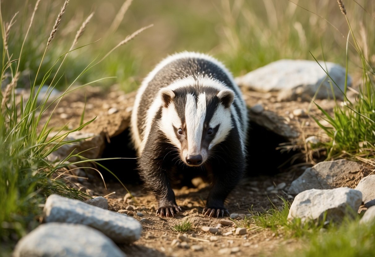 A badger emerges from its burrow, snout to the ground, foraging for food in the daylight, surrounded by tall grass and scattered rocks