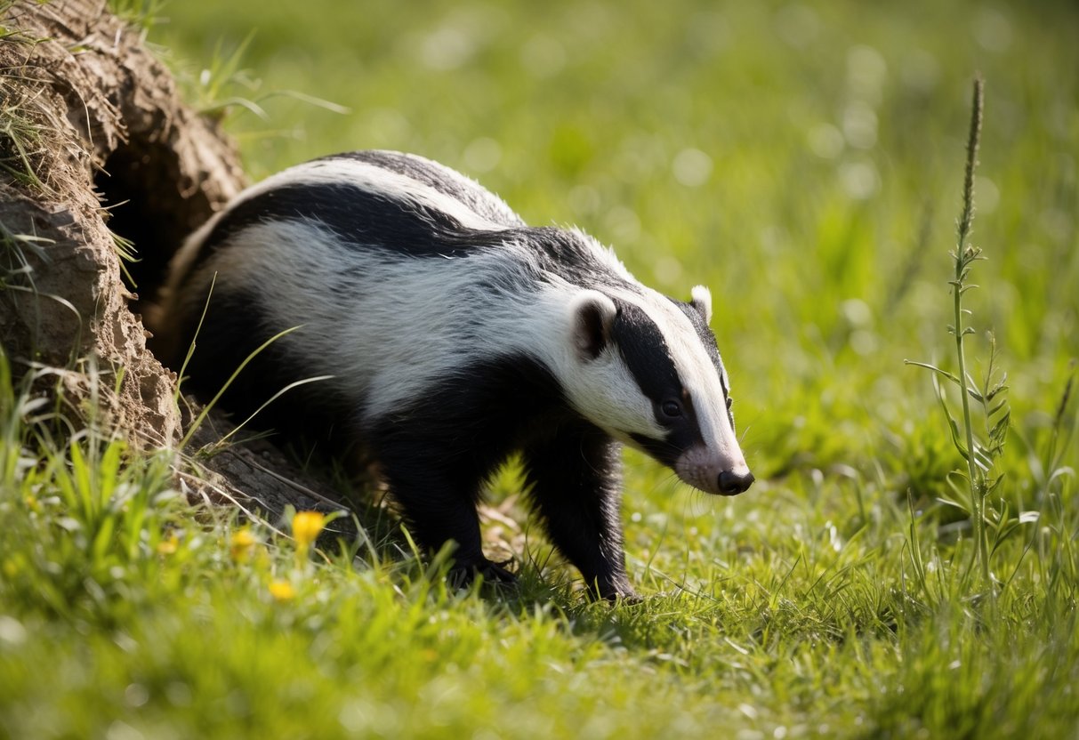 A badger emerges from its burrow in the daylight, foraging for food in the grassy meadow