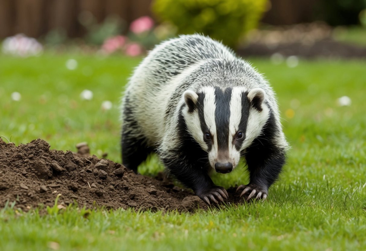 A badger digging up a garden in the UK