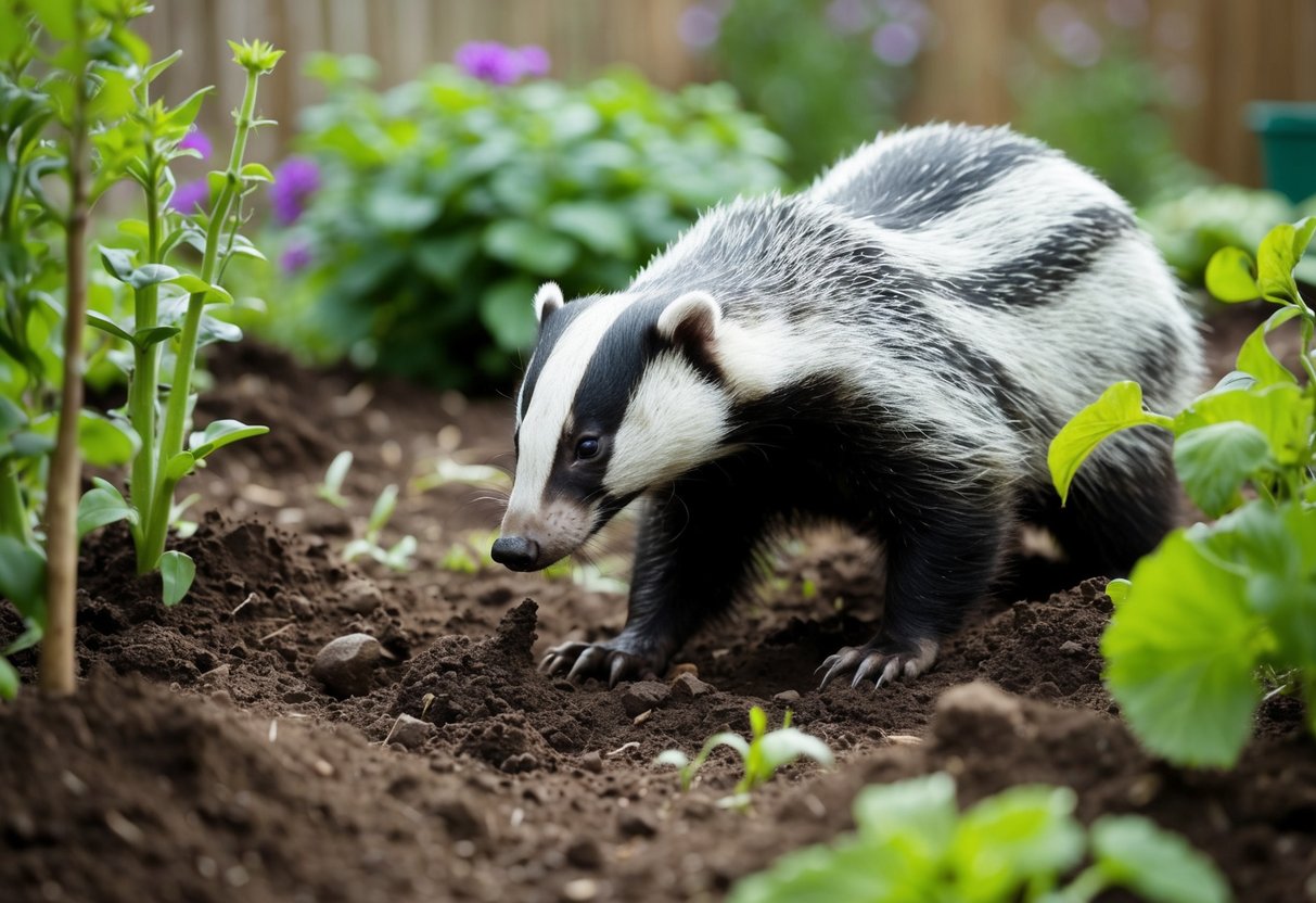 A badger digging up a garden in the UK, surrounded by overturned plants and soil