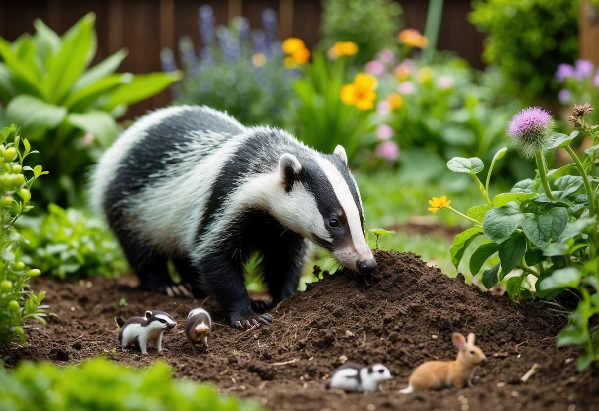 A badger digging up a garden, surrounded by various plants and small animals