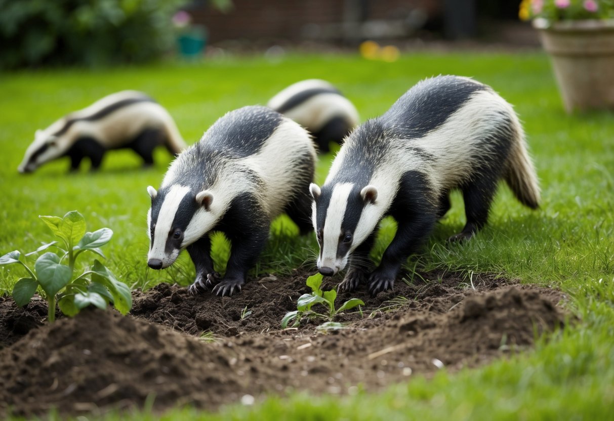 A group of badgers causing damage to a garden, digging up plants and creating a mess