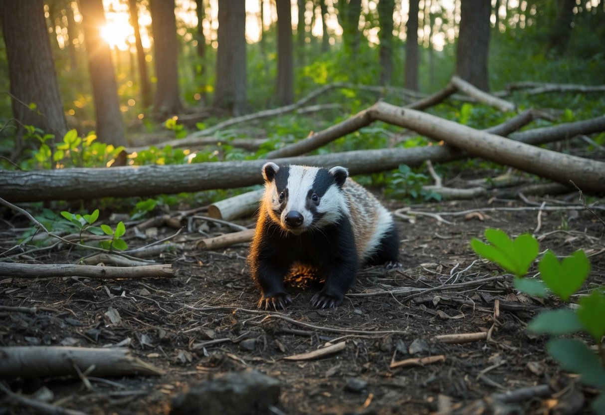 A woodland clearing with a badger den, surrounded by dense foliage and fallen trees. The sun is setting, casting a warm glow over the scene