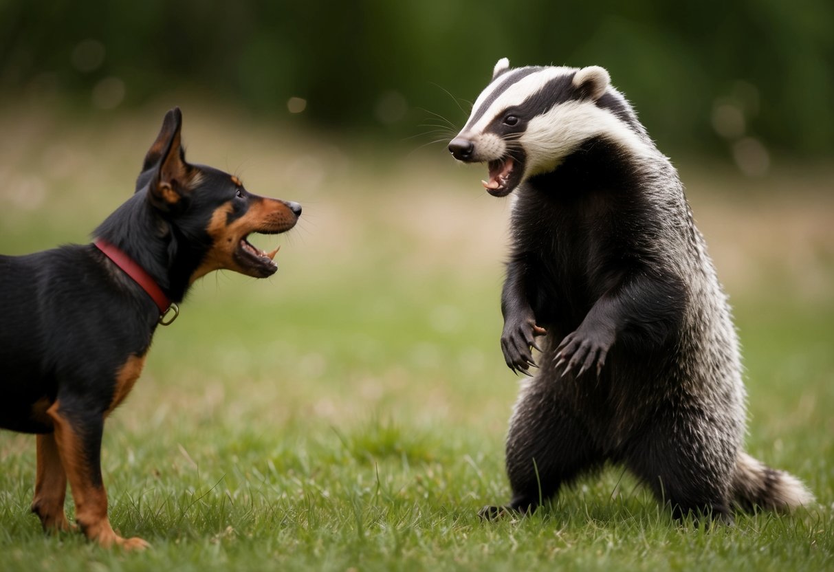 A badger stands defensively, snarling at a barking dog