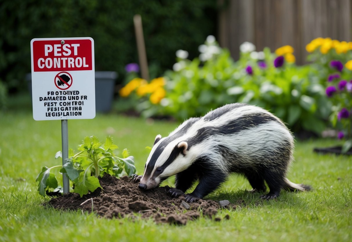 A badger digs through a garden, damaging plants and creating a mess. A sign nearby indicates that the area is protected under pest control legislation
