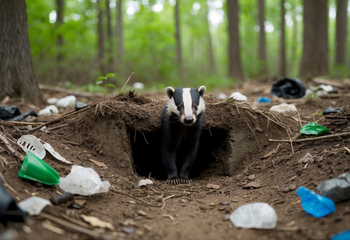 A forest clearing with a burrow entrance and a badger peeking out, surrounded by scattered trash and footprints