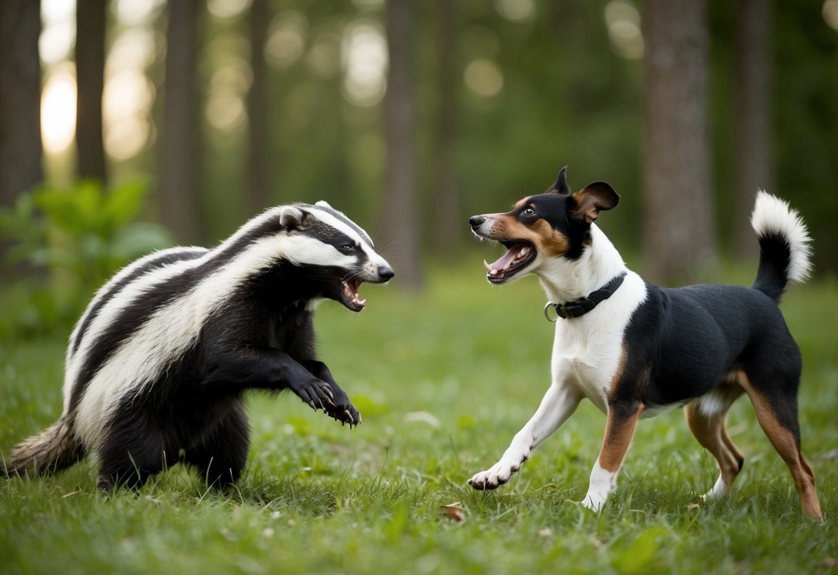A snarling badger confronts a barking dog in a forest clearing