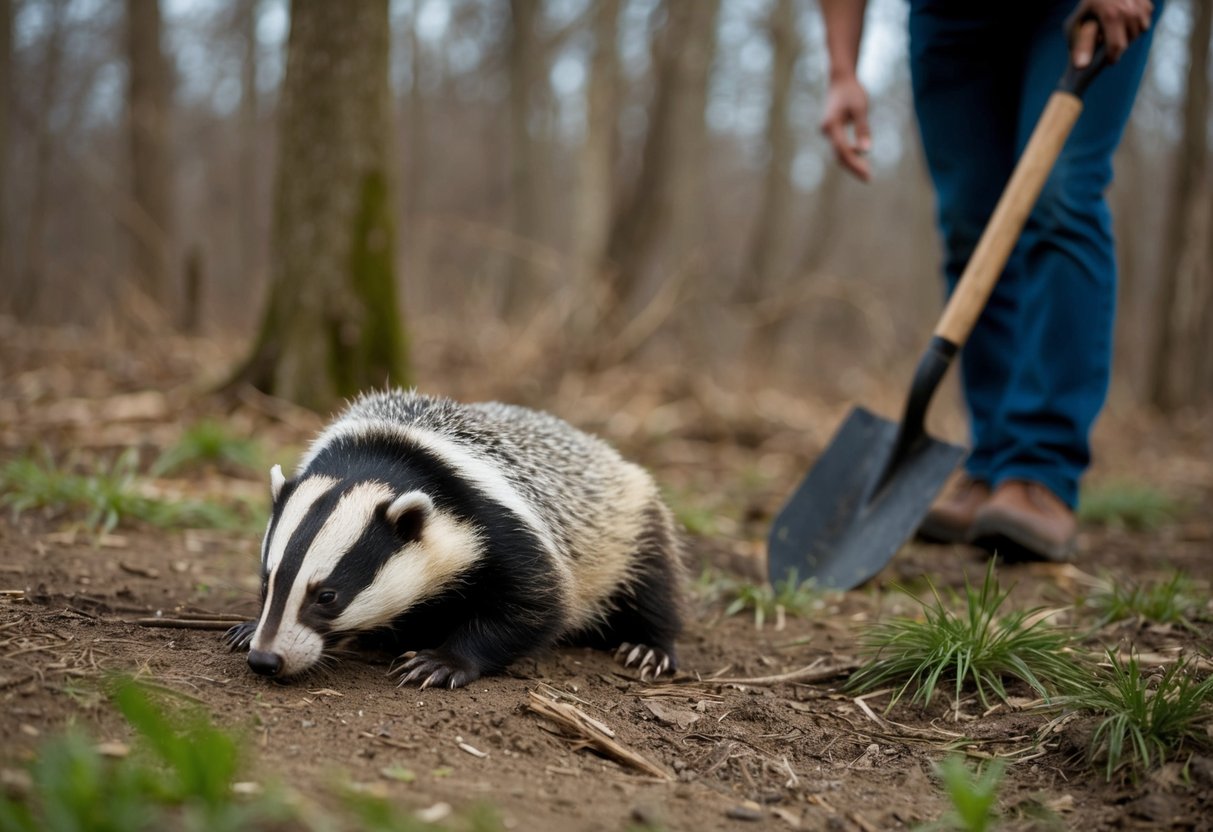 A badger lying on the ground, surrounded by a wooded area. A person holding a shovel stands nearby, looking concerned