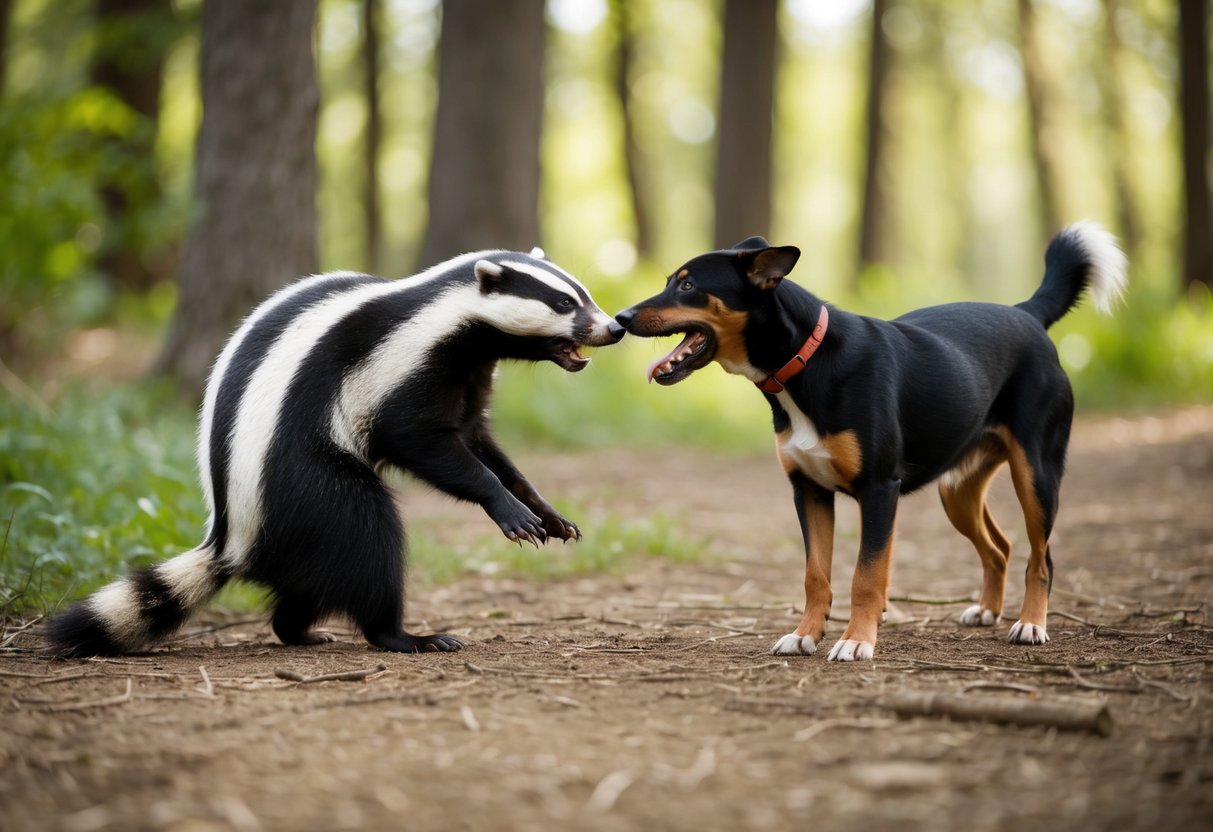 A badger aggressively confronts a barking dog at the edge of a forest clearing