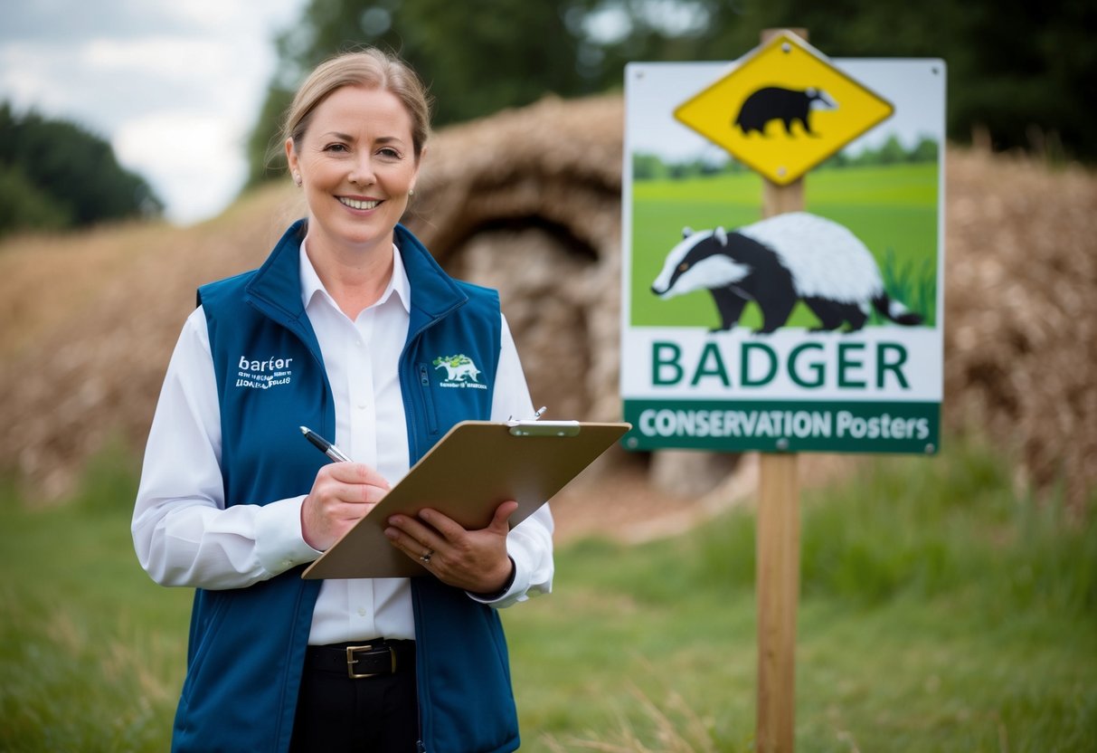 A person holding a clipboard and pen, standing in front of a burrow with a badger crossing sign and conservation posters in the background