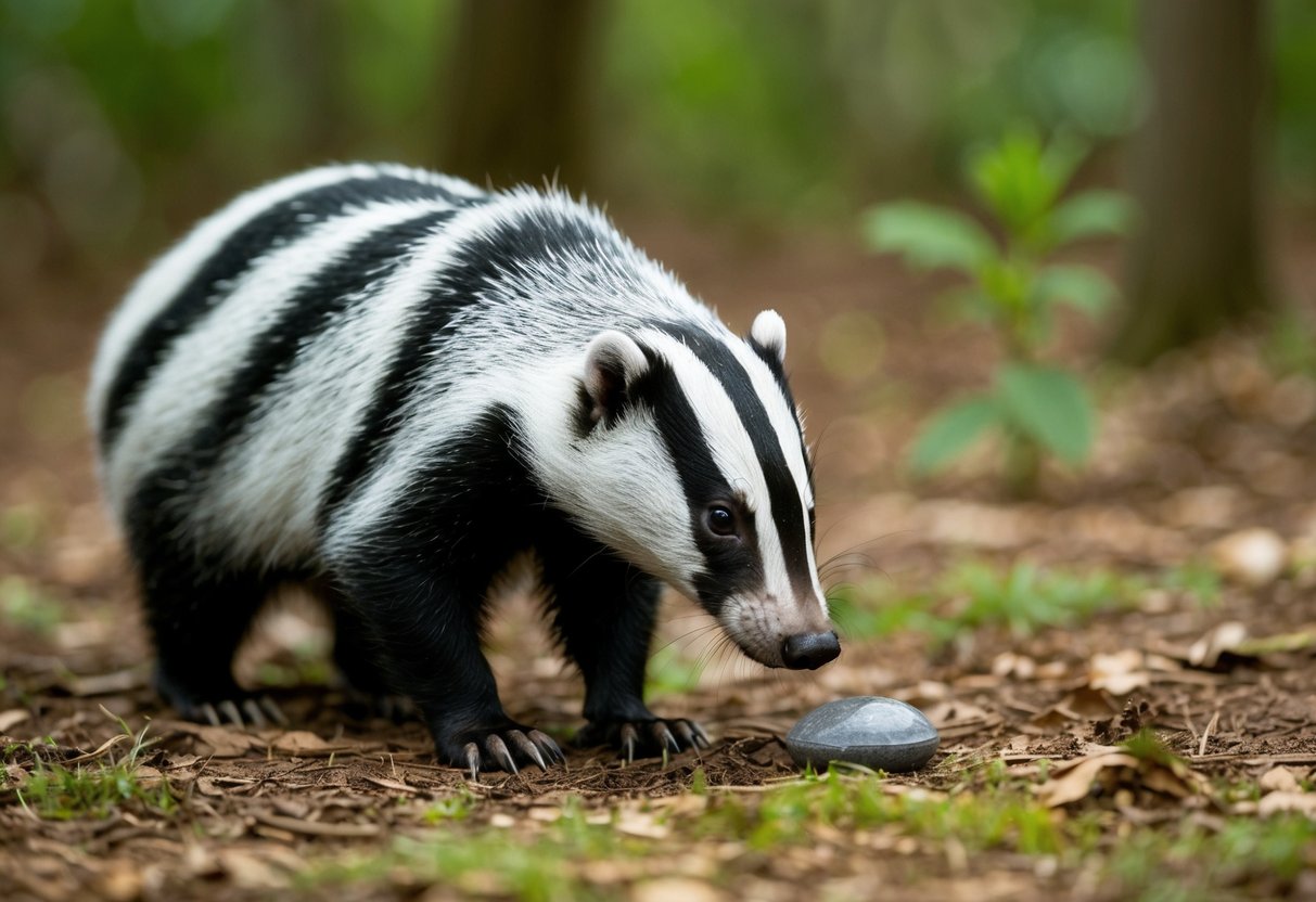 A badger cautiously sniffs a small, harmless object on the forest floor