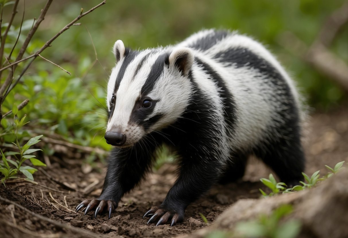 A badger cautiously sniffs the air, its sharp claws digging into the earth as it moves through the underbrush
