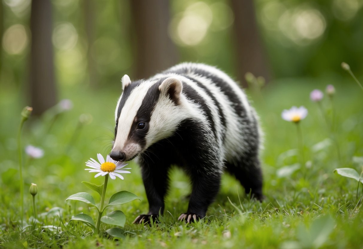 A curious badger cautiously sniffs a flower in a peaceful forest clearing