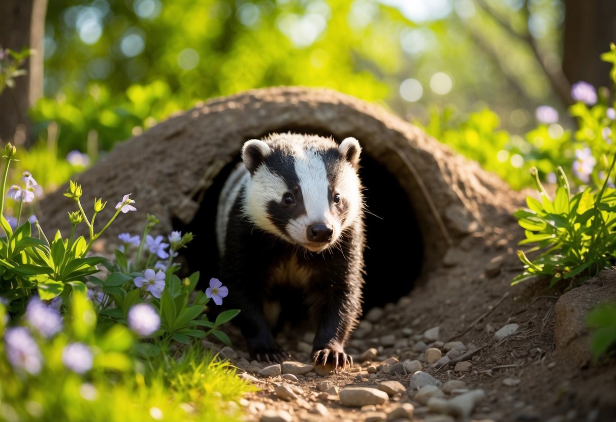 A badger emerges from a burrow, surrounded by lush greenery and blooming wildflowers. Sunlight filters through the trees, casting a warm glow on the scene