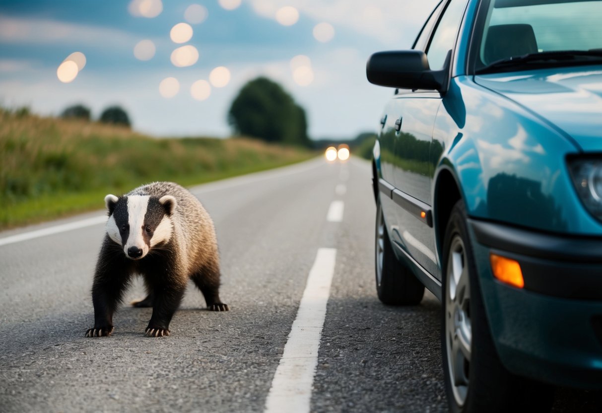 A car on a country road, badger in the headlights, driver hesitating