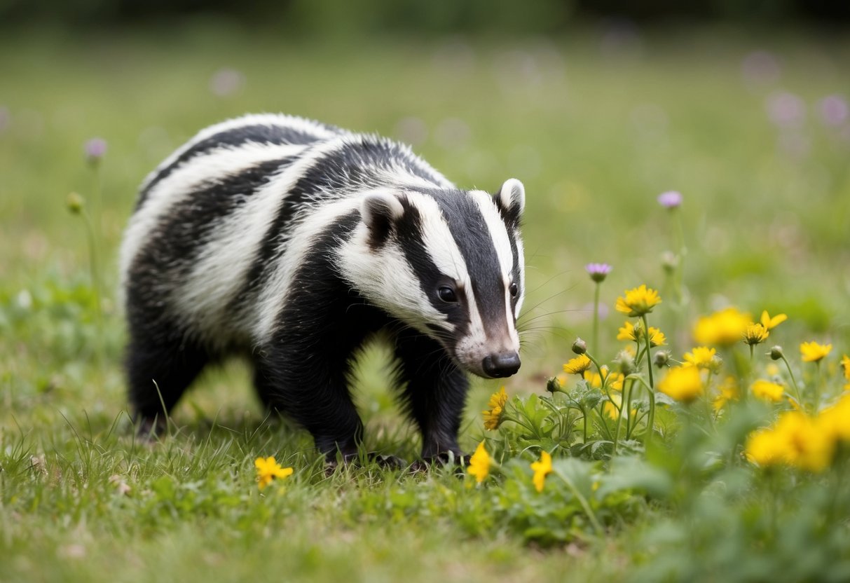 A badger cautiously sniffs a patch of wildflowers in a peaceful forest clearing