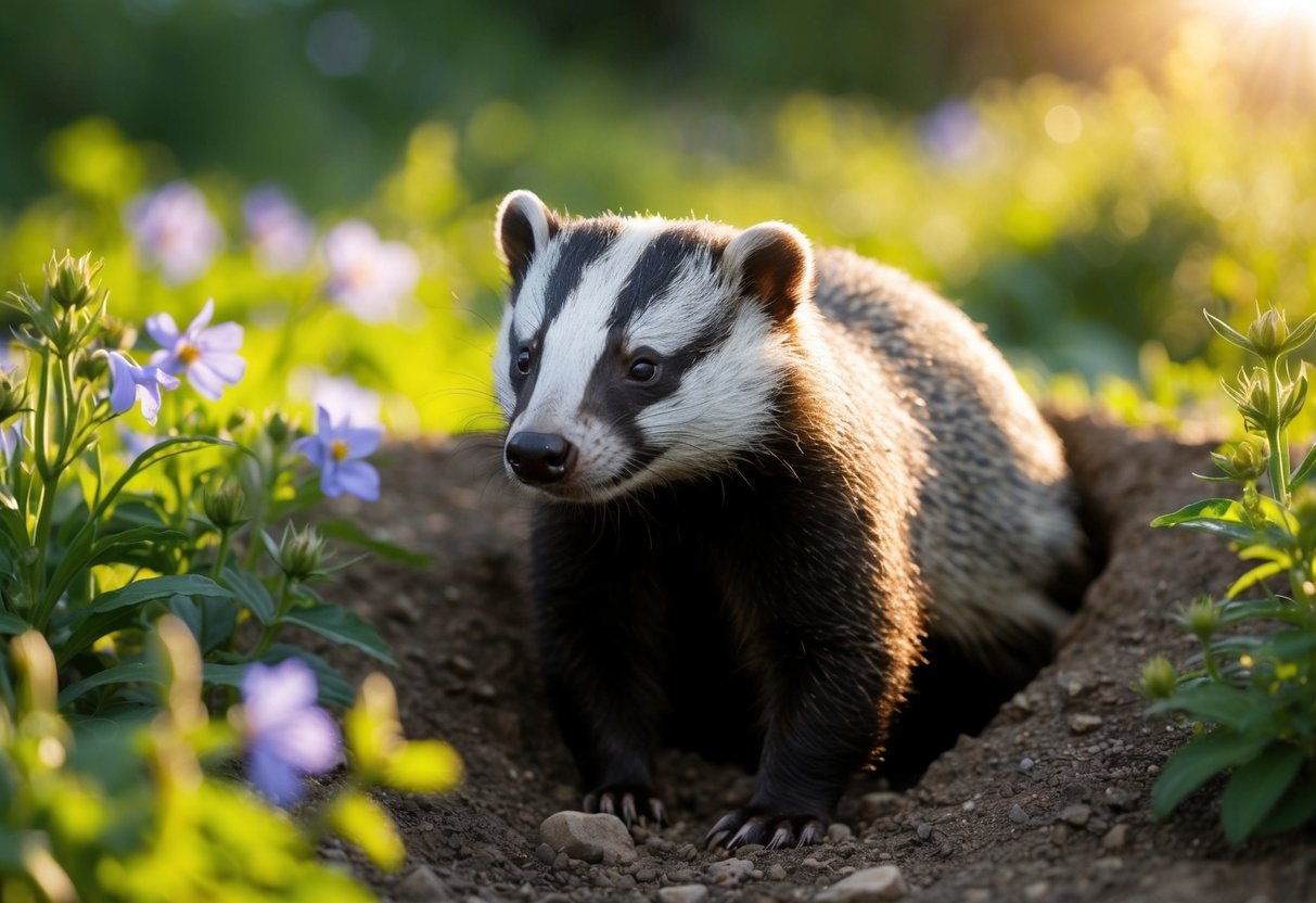 A badger emerges from a burrow, surrounded by lush greenery and blooming wildflowers. The sun casts a warm glow on the peaceful scene