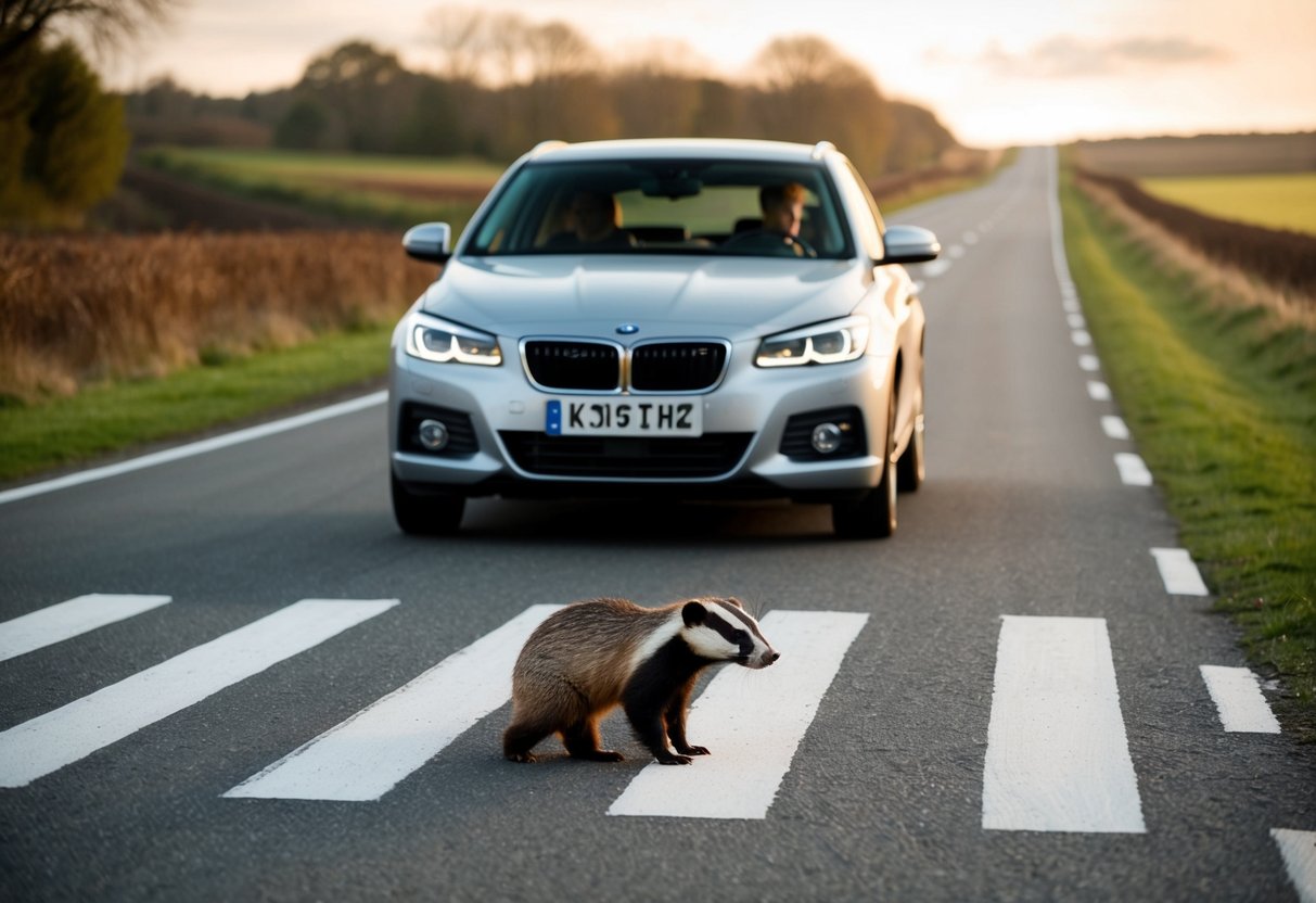 A car on a country road, badger crossing, driver contemplating stopping