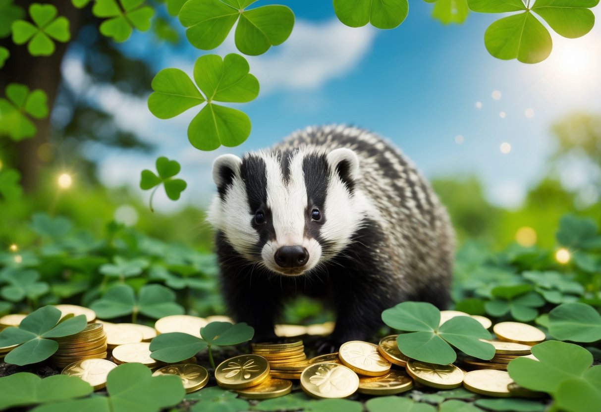 A badger emerges from a lush forest, surrounded by four-leaf clovers and shimmering gold coins, under a clear blue sky