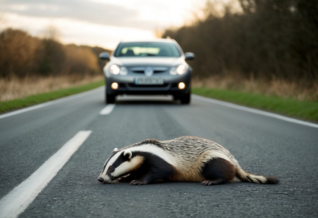A car stops on a country road. A badger lies injured on the ground