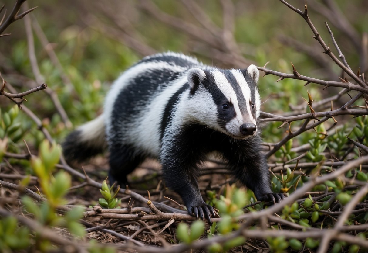 A badger confidently navigating through a thicket of thorns