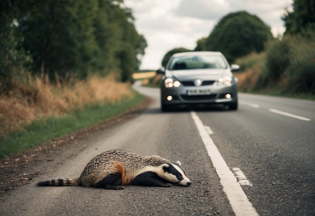 A car on a country road, a badger lying injured on the ground, surrounded by trees and bushes