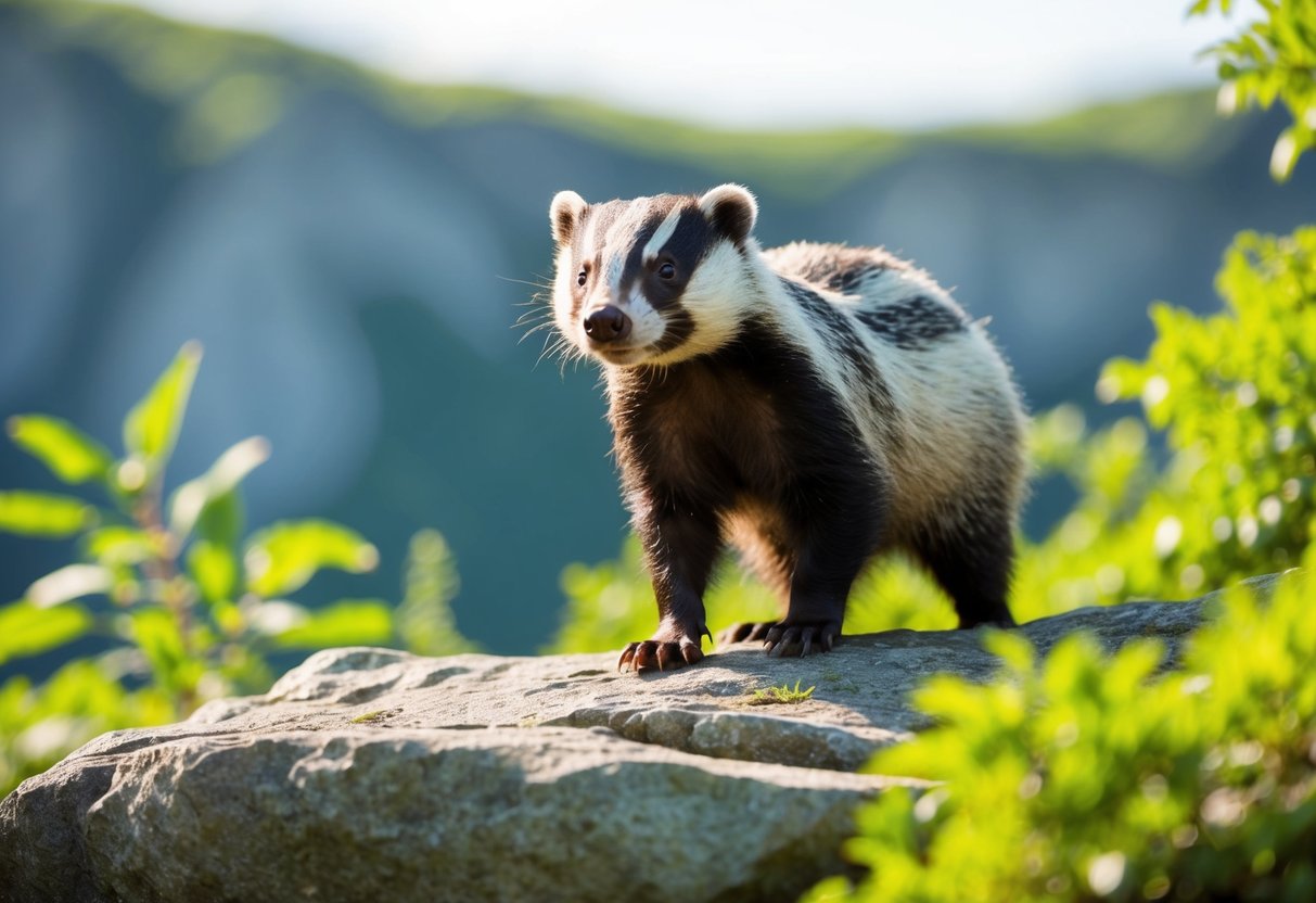A badger stands proudly on a rocky outcrop, surrounded by lush greenery. Its fur glistens in the sunlight as it exudes an aura of strength and resilience