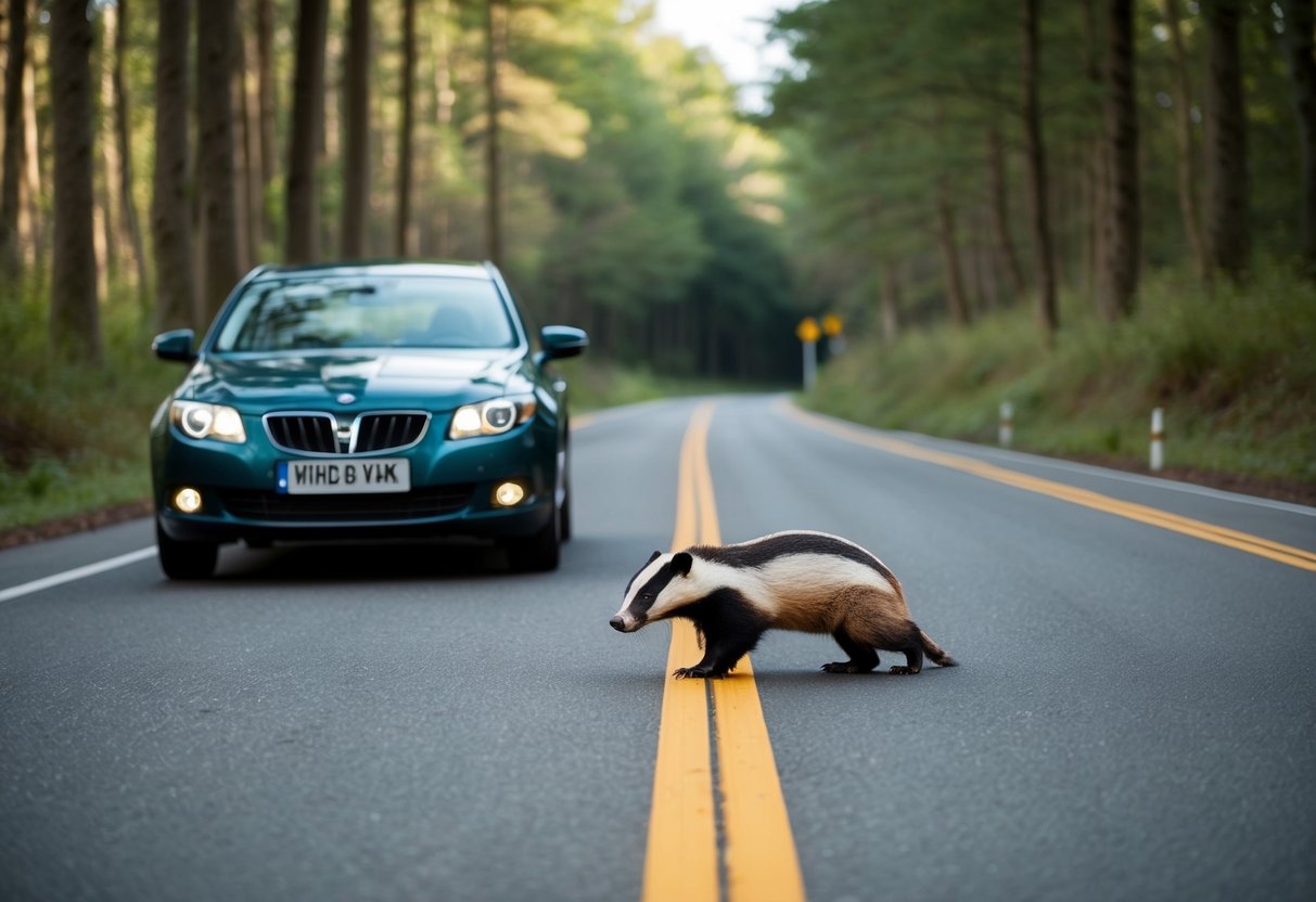 A car on a forest road, with a badger crossing. The driver is braking to avoid hitting the badger