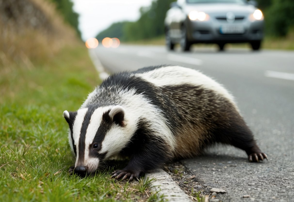 A badger lies injured on the side of a road, with a car in the background