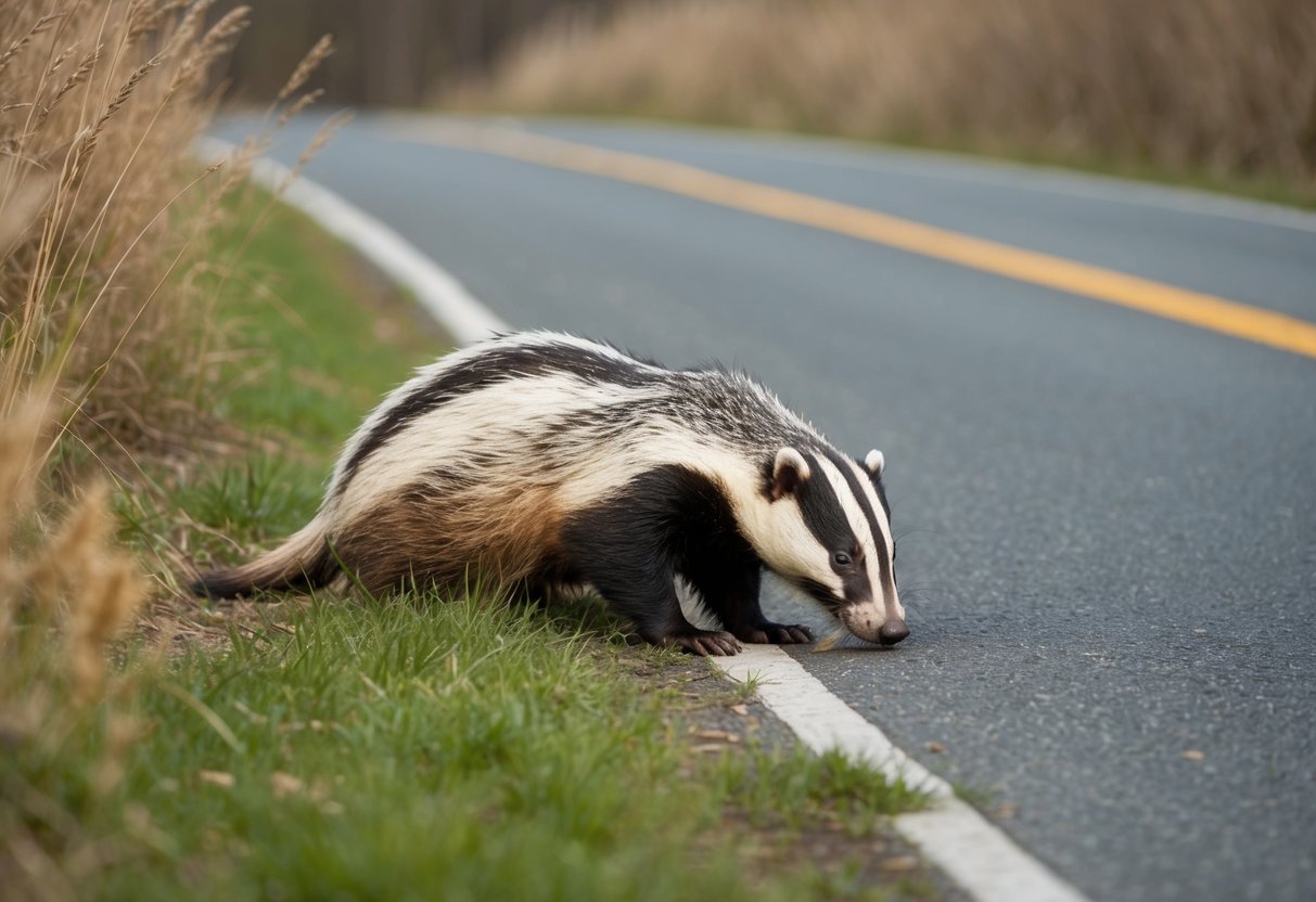 A badger lies on the side of a road, surrounded by tall grass and shrubs. Its fur is matted and it appears to be injured from being hit by a car