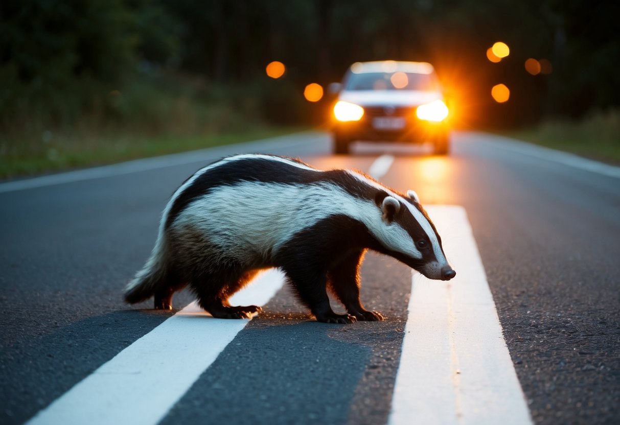 A badger crossing a road at night, car headlights approaching