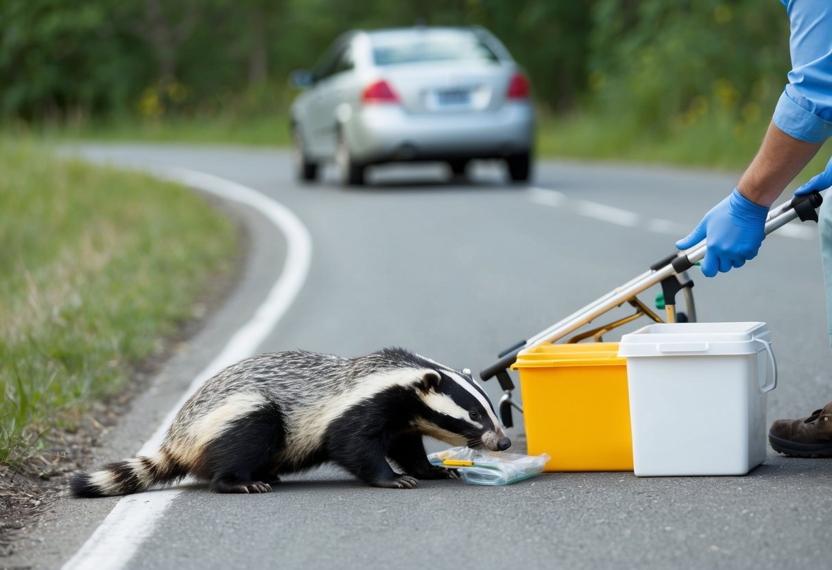 A badger lies injured on the side of a road, a car in the distance. A wildlife rescuer approaches with a stretcher and medical supplies