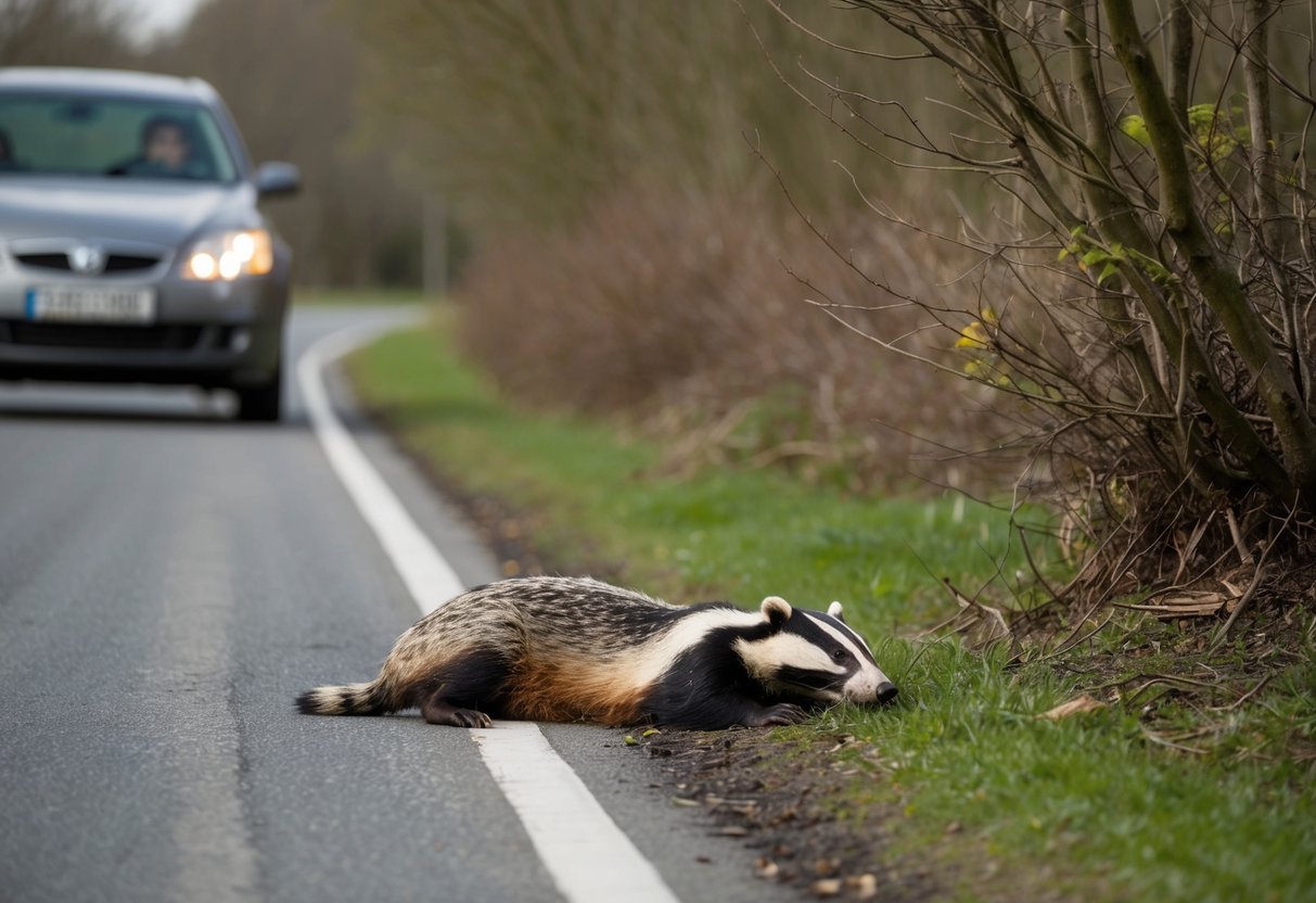 A badger lies injured on the side of the road, surrounded by trees and bushes. A car is stopped nearby, with its driver looking concerned