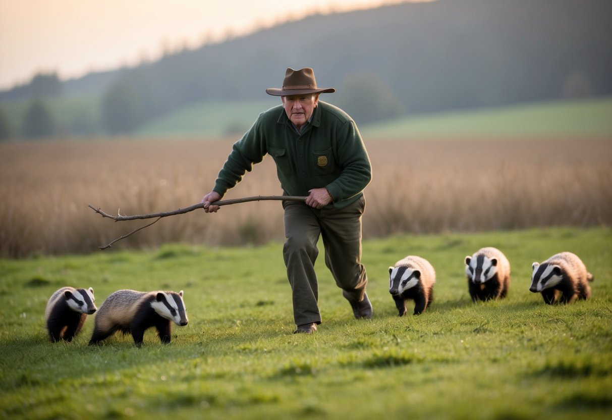 A farmer chasing badgers off their land with a stick