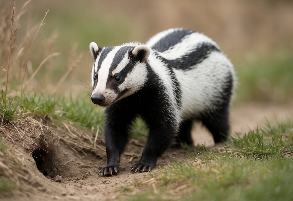 A badger cautiously emerges from its burrow, sniffing the air for potential threats