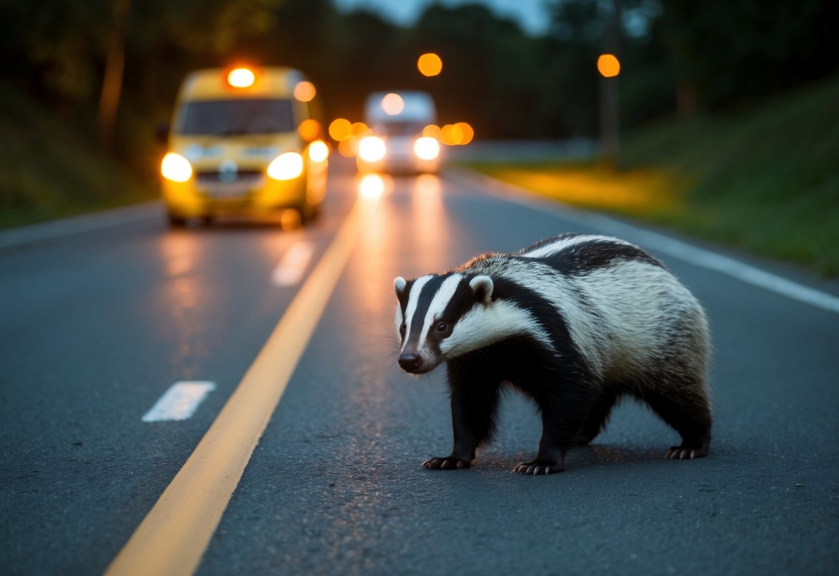 A badger crosses a road at night, unaware of oncoming traffic