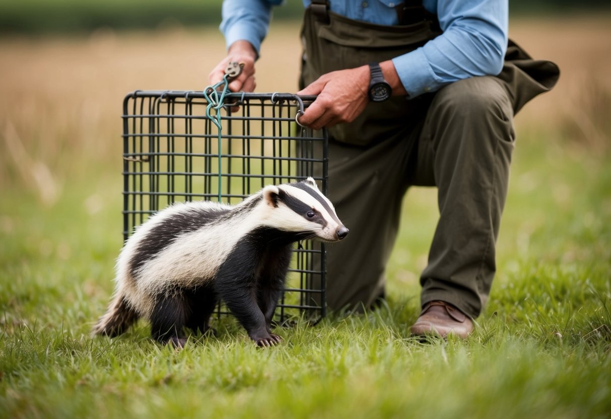 A farmer using a trap to capture a badger on their land