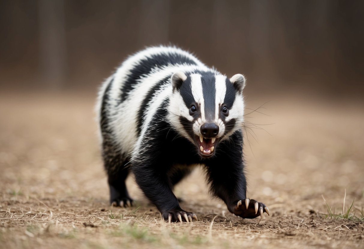 A badger charging forward with its teeth bared, claws extended, and fur bristling