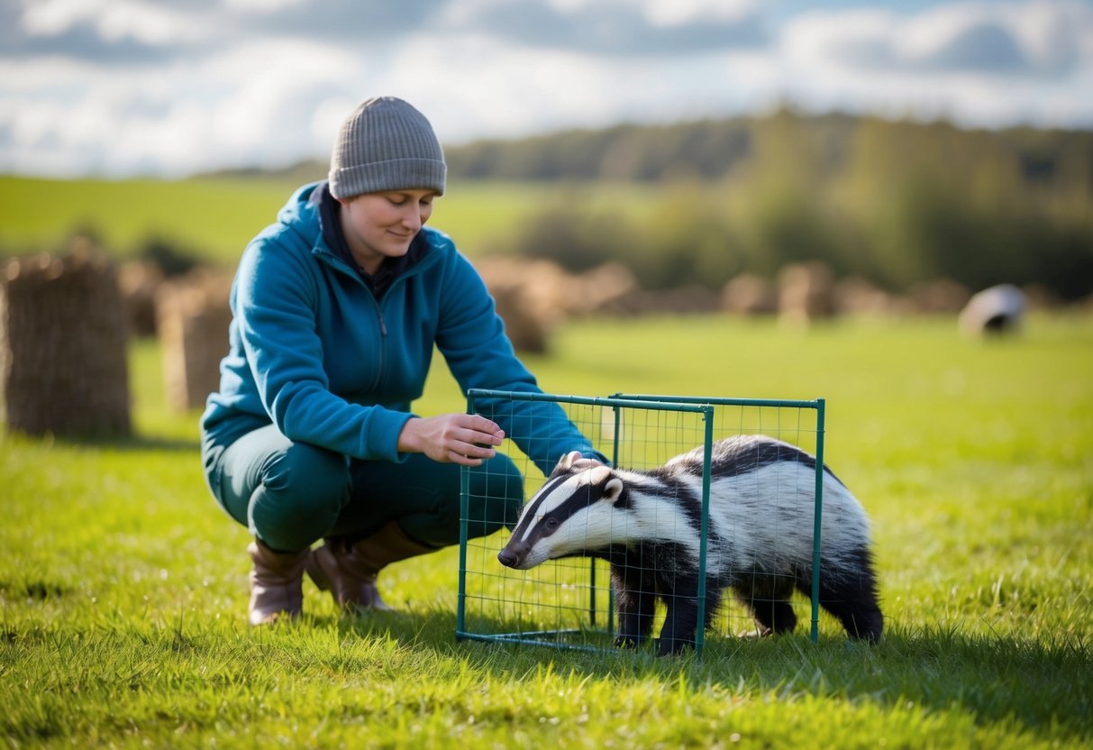 A person setting up a non-lethal deterrent method to keep badgers away from their land