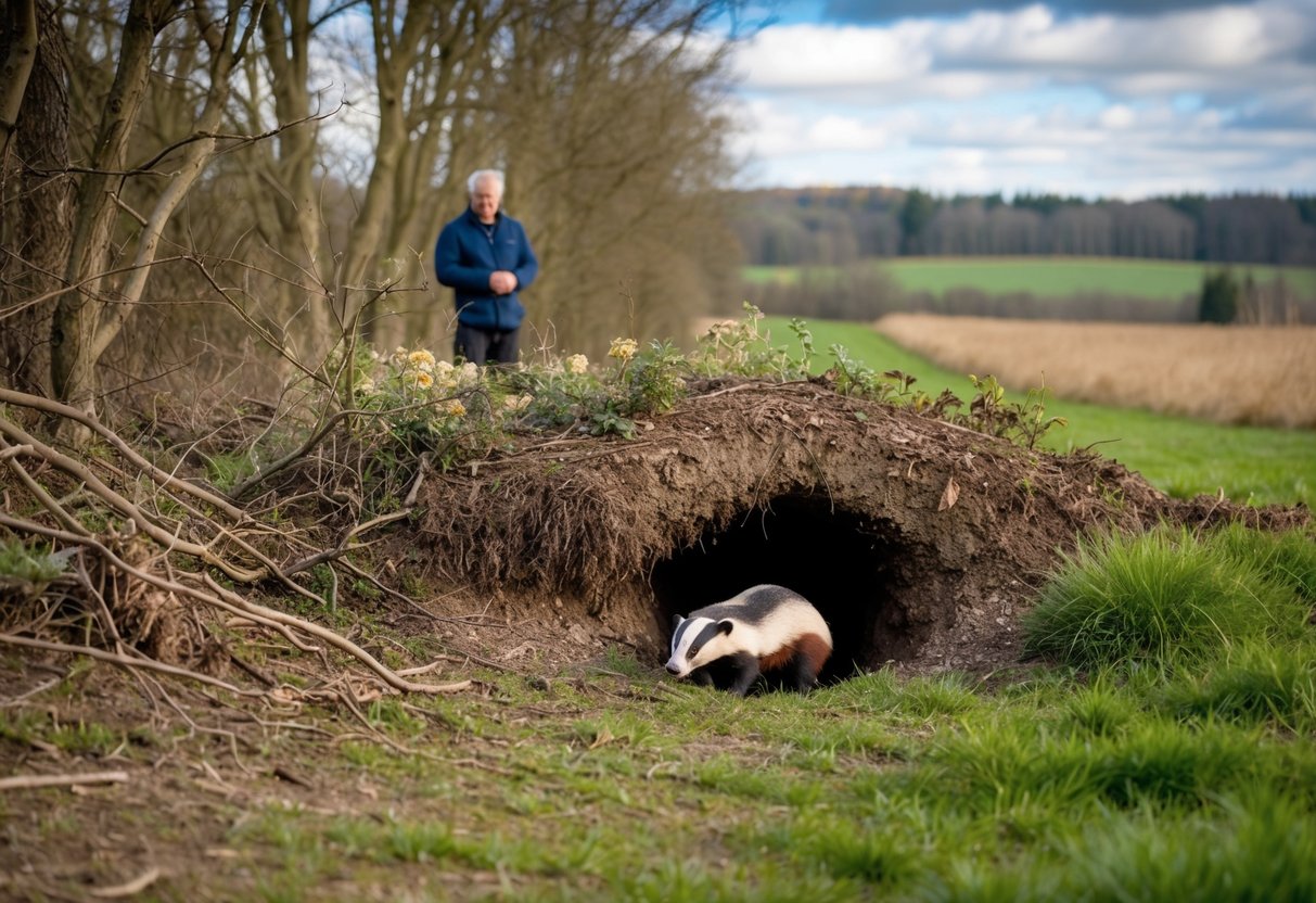 A rural landscape with a burrowed badger den surrounded by trees and bushes, with a concerned landowner observing from a distance