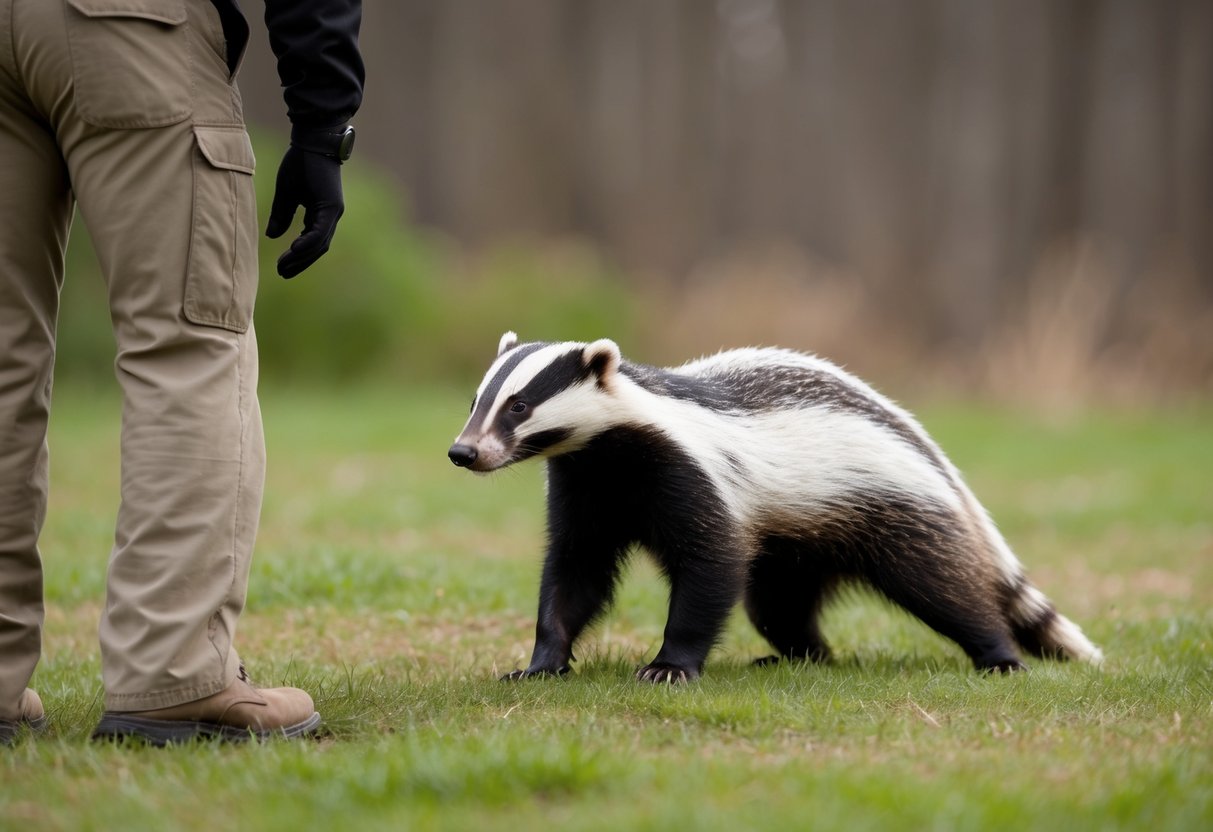 A person standing still as a badger approaches, facing the animal with arms at their sides and maintaining a calm and non-threatening demeanor