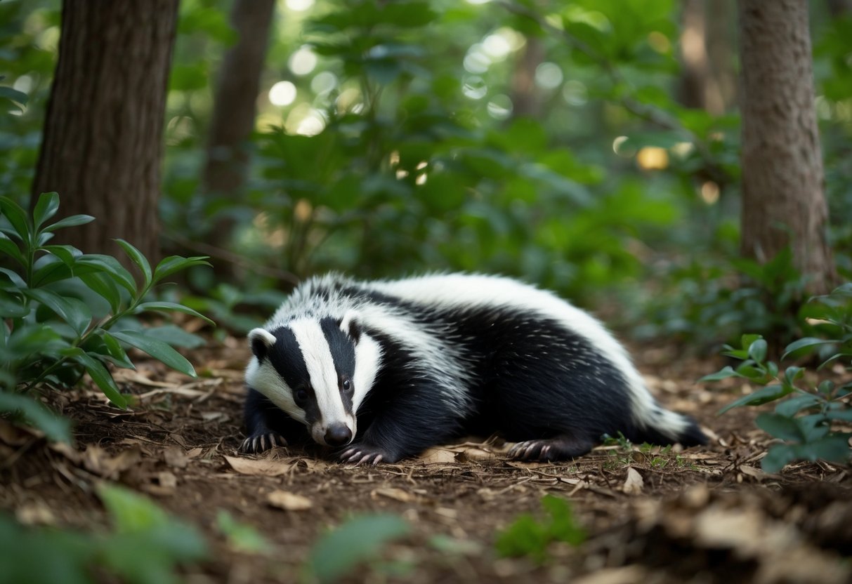 A badger lying lifeless on the forest floor, surrounded by dense foliage and the sounds of nature