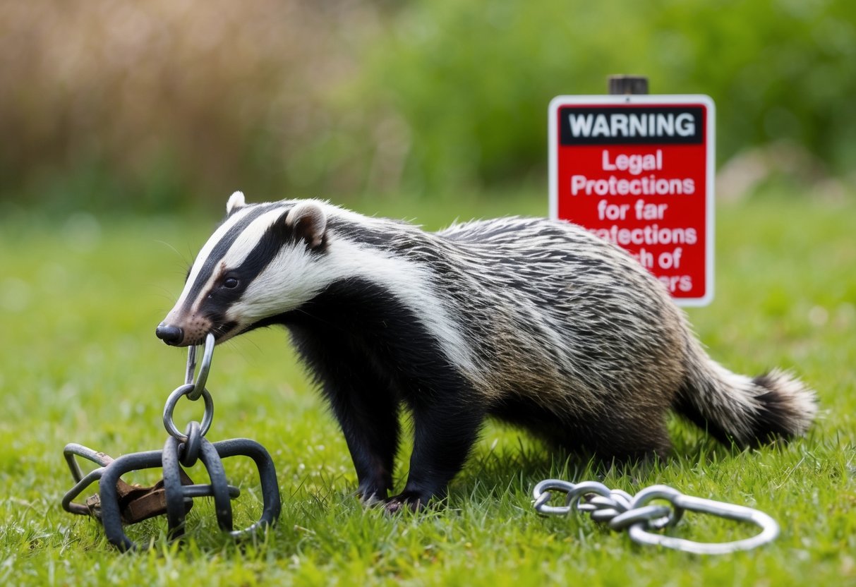 A badger caught in a snare, with a broken trap nearby and a warning sign about the legal protections for badgers in the background