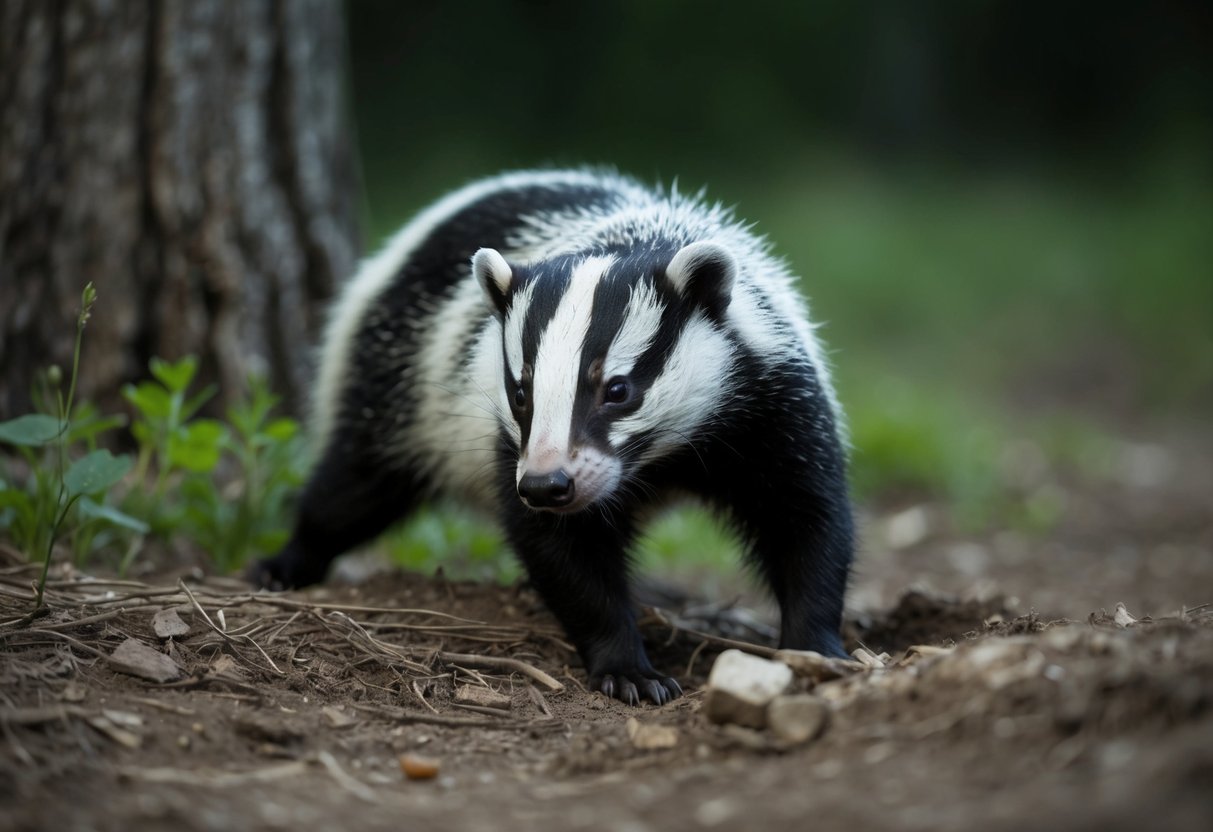 A badger emerges at dusk from its burrow in a wooded clearing