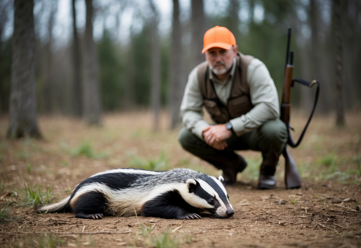 A badger lies motionless on the ground, surrounded by a forest clearing. A hunter stands nearby, looking guilty