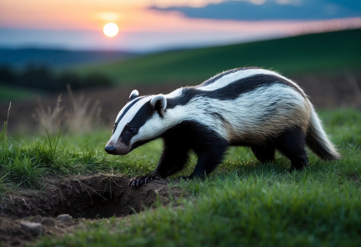 A badger emerges from its burrow at dusk, sniffing the air for food. The sun sets behind the rolling hills as the nocturnal creature begins its nightly foraging