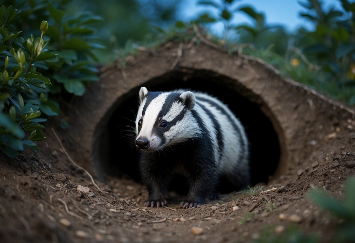 A badger emerges from its sett at dusk, surrounded by dense foliage and earthy burrows