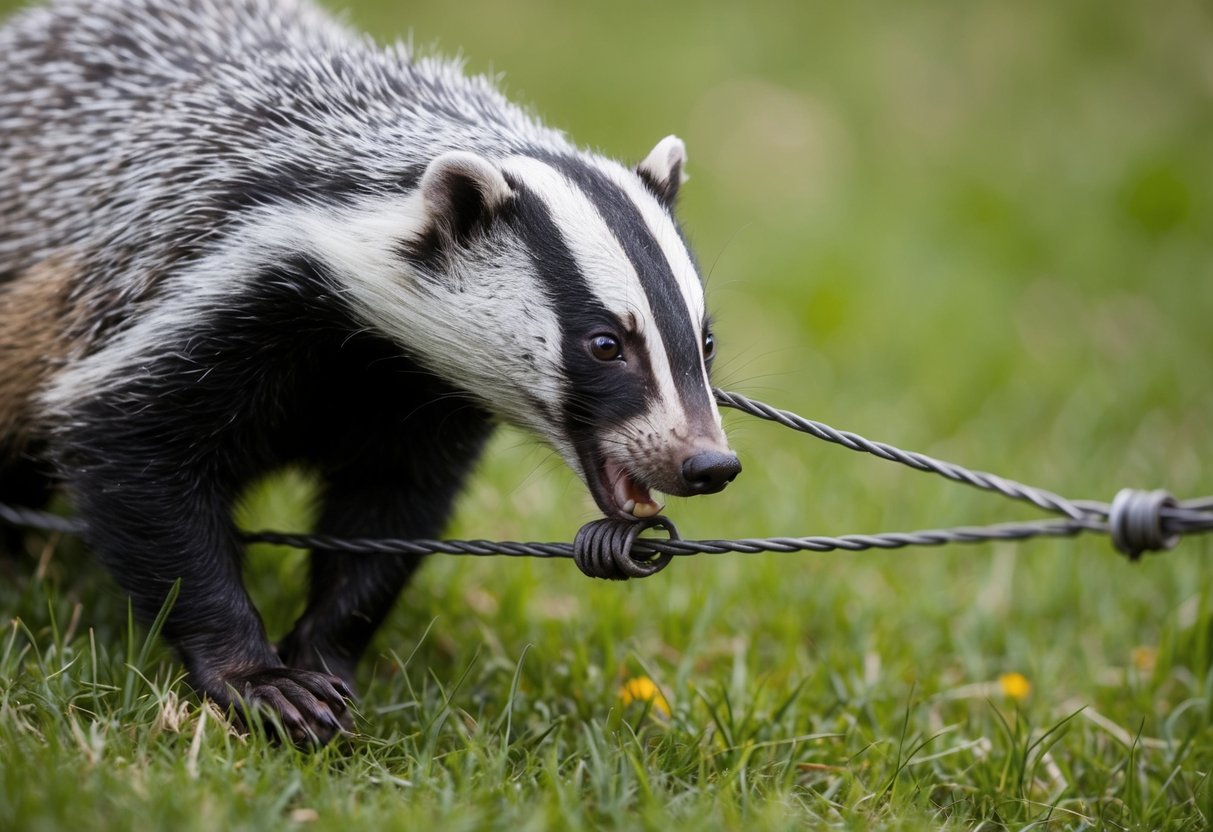 A badger caught in a snare, its fur matted and eyes filled with fear as it struggles to break free