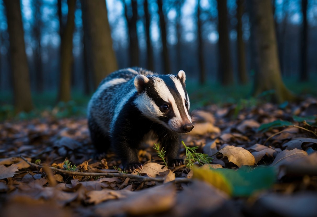 A badger emerges at dusk, foraging for food among the fallen leaves and twigs in the dimly lit forest